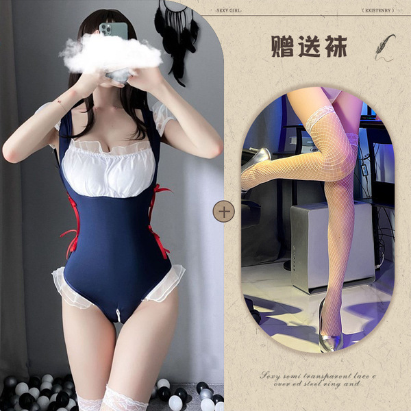 Manny Night Lotus Maid Costume Set - Seductive Tight-Fit Princess Housemaid Outfit with Open-Crotch Design - Blue and white fishnet stockings