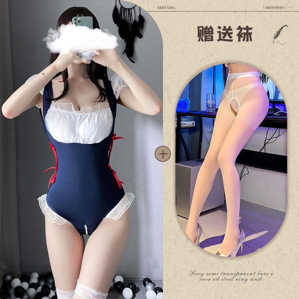 Manny Night Lotus Maid Costume Set - Seductive Tight-Fit Princess Housemaid Outfit with Open-Crotch Design - Blue and white open-crotch socks