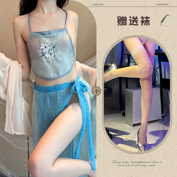Sensual Hanfu Lingerie Set - Vintage Chinese Silk Sleepwear with Embroidery, Busty Costume Outfit for Adults - Blue and white fishnet stockings