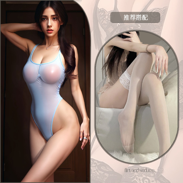 Japanese-Style Sexy Bikini Set - Flirty Open-Crotch Swimwear for Women, Pure Temptation Lingerie - Blue and white stockings