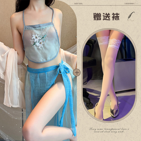 Night Fragrance Lingerie Set - Sexy Ancient Hanfu & Republican Era Embroidered Sleepwear, Pure-Yet-Seductive Uniform Sty - Blue and white stockings