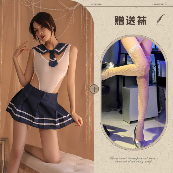 Qiaozhiqing Seductive Modest Lingerie Set - Two-in-One Schoolgirl JK Dress with Matching Handcuff Accessories - Blue and white fishnet stockings