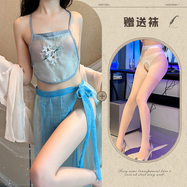 Lovers' Hanfu Lingerie Set – Vintage Chinese Silk Sleepwear with Embroidery, Seductive Costume-Inspired Nightwear - Blue and white open-crotch socks