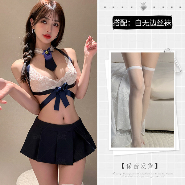 Zimei Sexy Nightwear Set - Cute Student-Style Mini Pleated Skirt & Top Outfit for Small Bust - Blue and white lace stockings