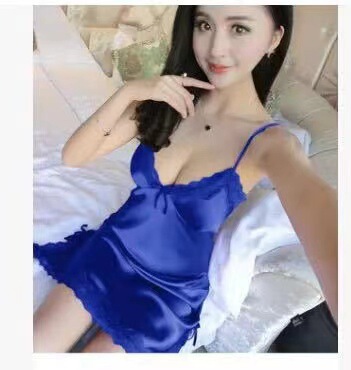 Sexy Lace Trim Cami Sleep Dress for Women – Adjustable Strap Nightgown Set with Matching Briefs, Soft Lightweight Lounge - Blue and white fishnet stockings