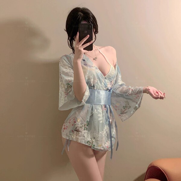 Japanese-Inspired Sensual Lingerie Set – Pure & Tempting Kimono-Style Sleepwear Outfit - Blue and white stockings