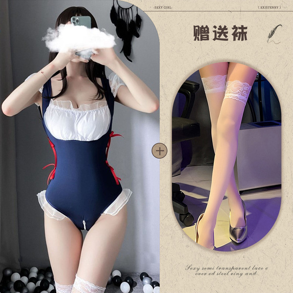 Manny Night Lotus Maid Costume Set - Seductive Tight-Fit Princess Housemaid Outfit with Open-Crotch Design - Blue and white stockings