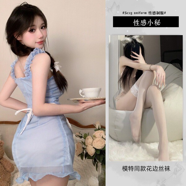 Seductive Maid Costume Set - Sheer Lace Apron & Sleep Dress for Women, Factory Direct Erotic Lingerie - Blue suit + white stockings
