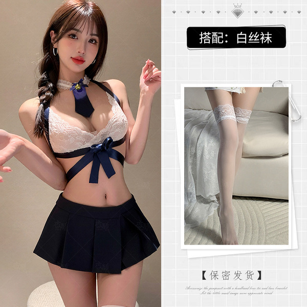 Zimei Sexy Nightwear Set - Cute Student-Style Mini Pleated Skirt & Top Outfit for Small Bust - Blue and white stockings