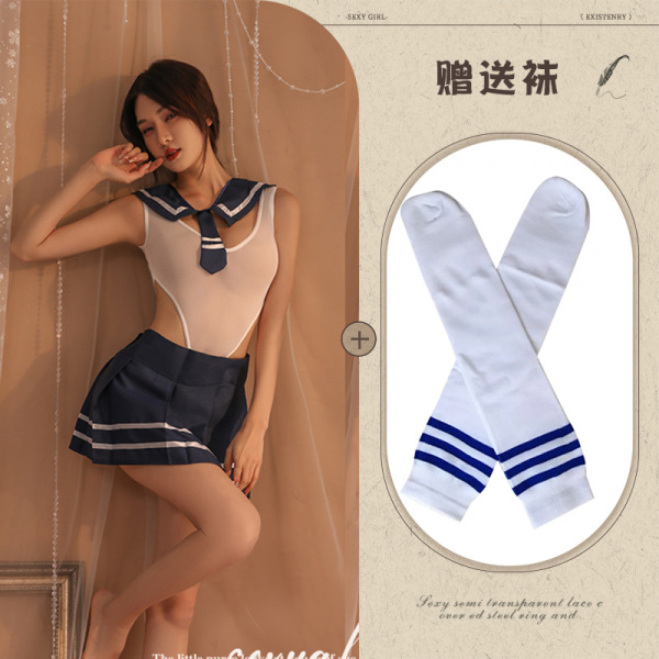 Qiaozhiqing Seductive Modest Lingerie Set - Two-in-One Schoolgirl JK Dress with Matching Handcuff Accessories - Blue and white/blue school socks