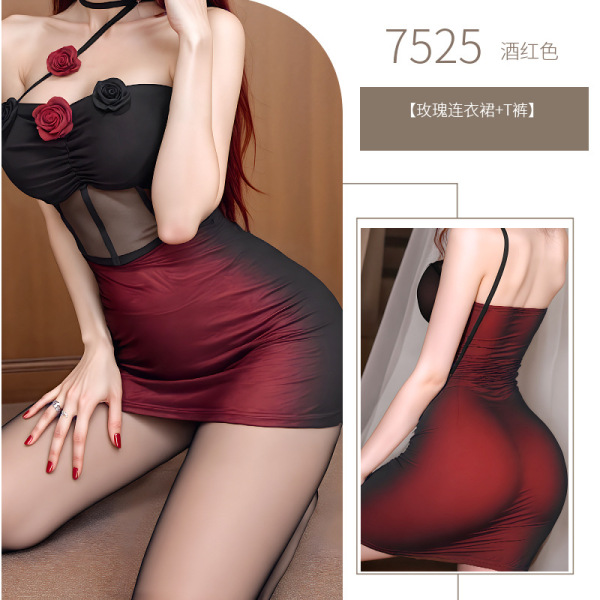 Pure & Alluring Women's Sheer Mesh Bodycon Dress with 3D Floral Halter Top - Seductive Lingerie Style - Bodycon skirt