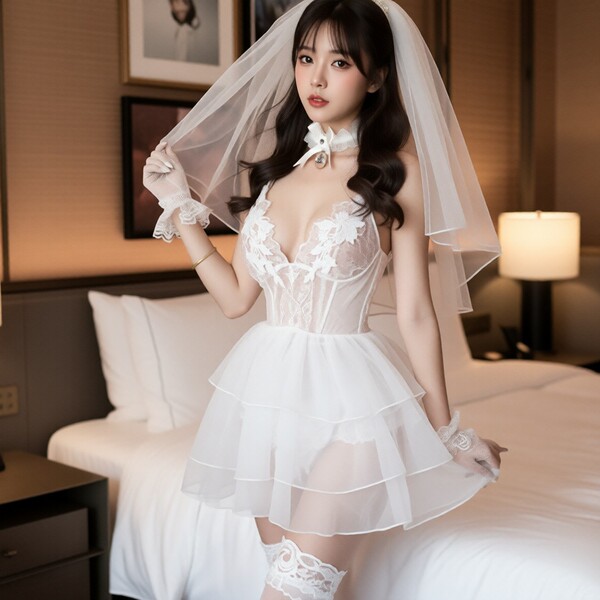Lace Mesh Sheer Deep V Bodysuit for Women – Sexy Low-Cut Hollow Erotic Sleepwear & Lingerie Set - Bridal attire: [Bridal dress + veil + thong + neck ring]