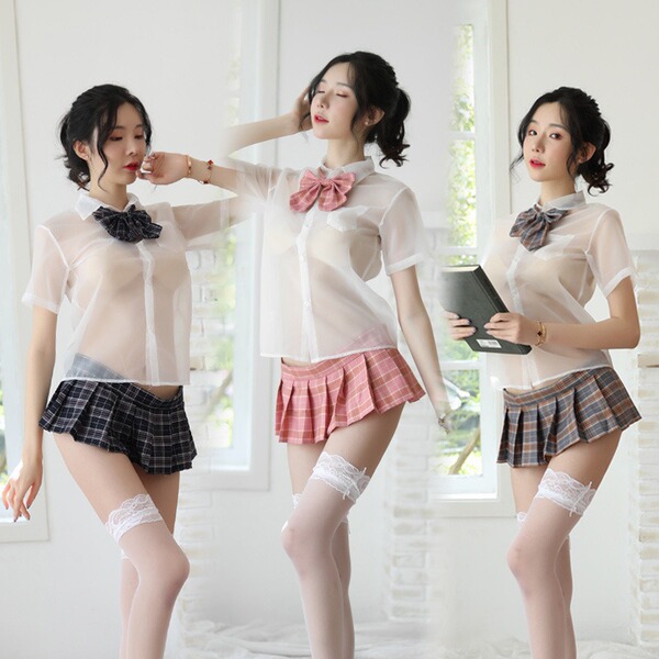 Three women modeling a british-style lace teddy set with sheer jk uniform skirts, bows, and pleats.