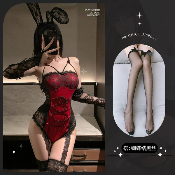 Lemon Story Sexy Lace Bodysuit - Open-Crotch Bunny Costume with Thong Back & Seductive Design - Bunny Girl + Butterfly Stockings