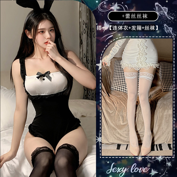 Plus Size Sexy Bunny Costume for Women - Midnight Temptation Maid Outfit, No-Remove Lingerie Set for Small Bust - Bunny Girl Outfit [bodysuit + headband + stockings]