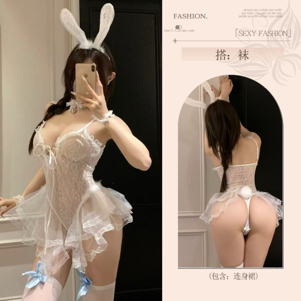 Dominatrix-Inspired Bunny Girl Lingerie Set – Seductive Abstinence Style Sleepwear & Playful JK Uniform Outfit - Bunny Girl Dress [Dress + Ears + Bracelet + Neck Ring] + Matching Socks