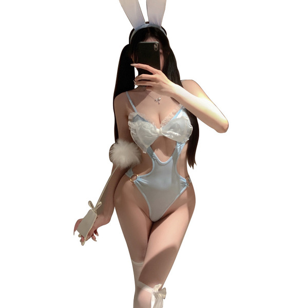 Butterfly bunny costume set - sweet sexy lingerie bodysuit for small bust, cute temptation outfit featuring bunny ears, fluff...