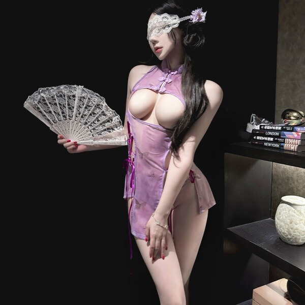 Elegant purple butterfly dream qipao lingerie set featuring a split-style tie-up design, perfect for women seeking pure allur...