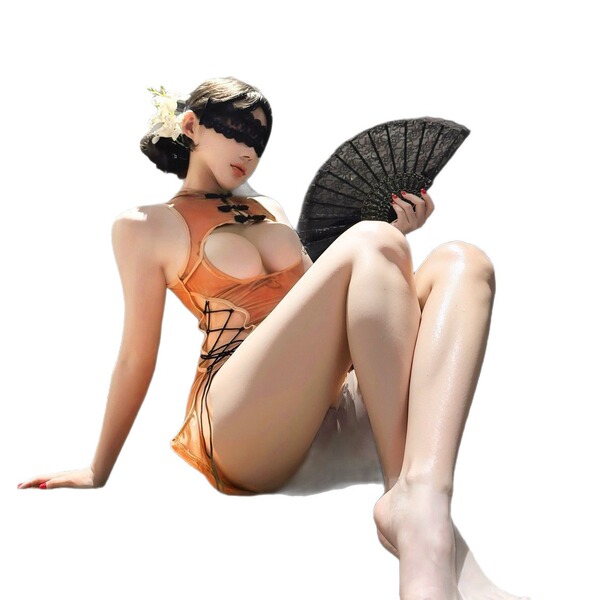 A woman poses in an orange butterfly dream qipao lingerie set, featuring a split-style tie-up design and no-remove feature, e...
