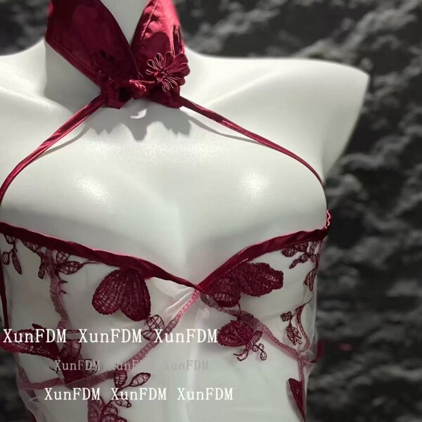 Vintage qipao-style sexy sleepwear for women, plus size with butterfly embroidery lingerie set