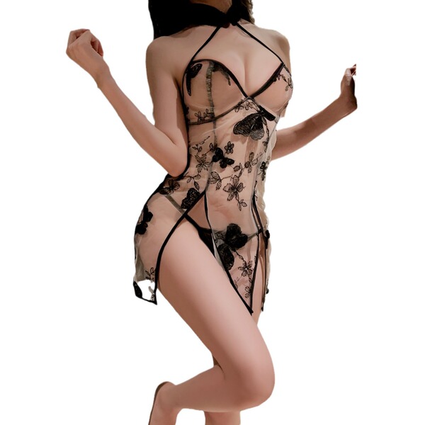 Vintage qipao style sexy sleepwear featuring butterfly embroidery, elegant design perfect for womens plus size outfits.