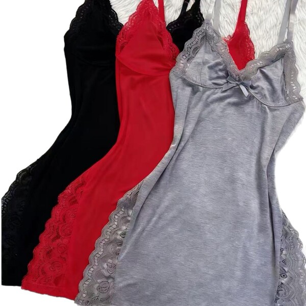 Three elegant cami sleep dresses in black, red, and gray with lace trim and butterfly knot detail.