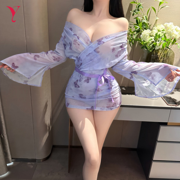 Sheer butterfly print kimono robe with open-front design, featuring long flared sleeves and a tied waist for seductive sleepw...