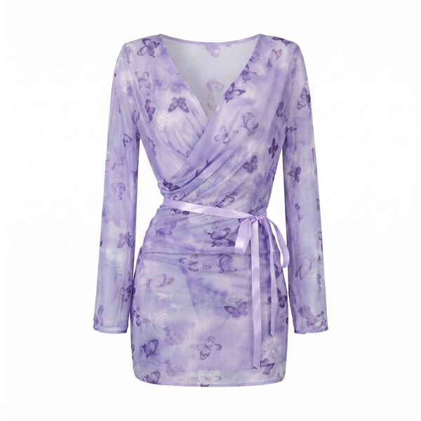 Sheer lavender butterfly print kimono robe with open-front design and satin tie waist - seductive lingerie sleepwear.