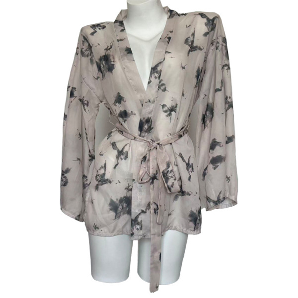 Sheer butterfly print kimono robe with deep v-neck and tie waist, elegant sensual sleepwear set for women.