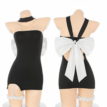 Black and white reversible lingerie set with oversized bow, featuring a crop top and ultra-short bodycon skirt.