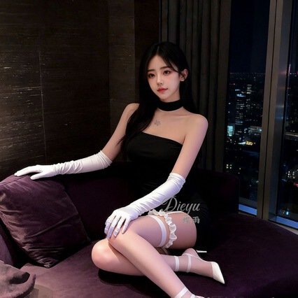 Woman wearing black butterfly rain lingerie set with crop top, mini skirt, white gloves, and thigh-high stockings.