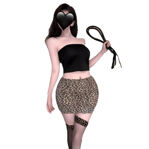 Woman in leopard print bodysuit with cut-outs, holding a whip. butterfly rain secretary temptation sexy lingerie sleep dress.