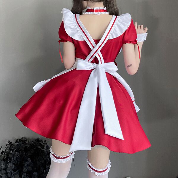 Sexy lace maid costume for women - red dress with white ribbon belt, adjustable straps, perfect for role play outfits c1371