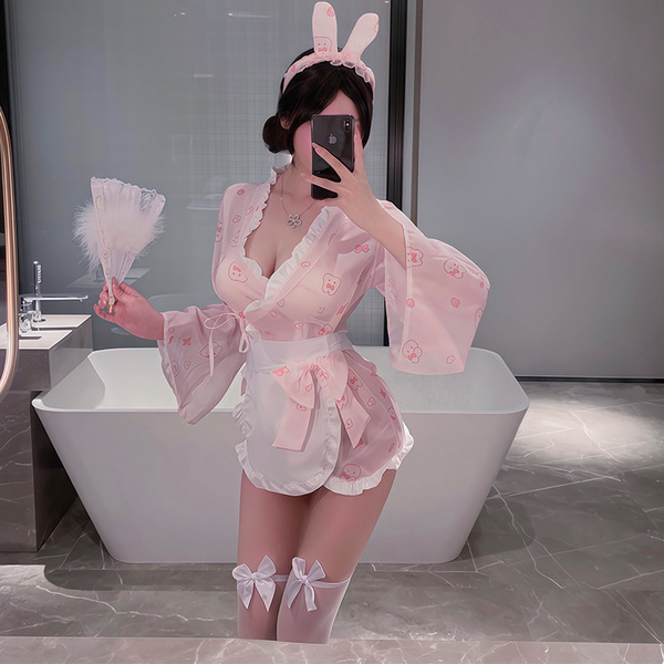 Candy pink bunny lingerie set featuring playful sweet girl aesthetic with bunny ears, kimono waist cincher, and butterfly pri...