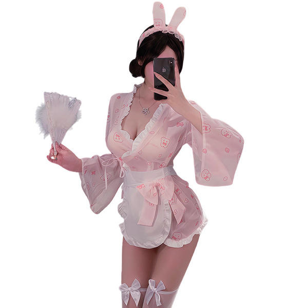 Candy pink bunny lingerie set featuring playful sweet girl aesthetic with bunny ears, kimono-style corset, and butterfly prin...