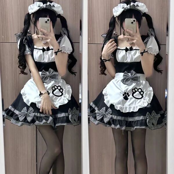 Maid Costume Cosplay Dress - Cute Cat Ear Lolita Outfit for Anime Girls & Soft Girl Aesthetic - Kitten Black Maid Outfit (with headpiece)