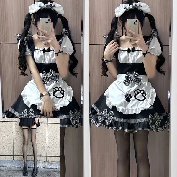 Maid Costume Cosplay Dress - Cute Cat Ear Lolita Outfit for Anime Girls & Soft Girl Aesthetic - Kitten Black Maid + Black Stockings (Headpiece Included)