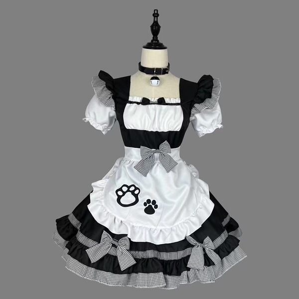 New cat girl maid costume - plus size japanese kawaii cosplay outfit, classic black & white maid dress with paw prints and ru...