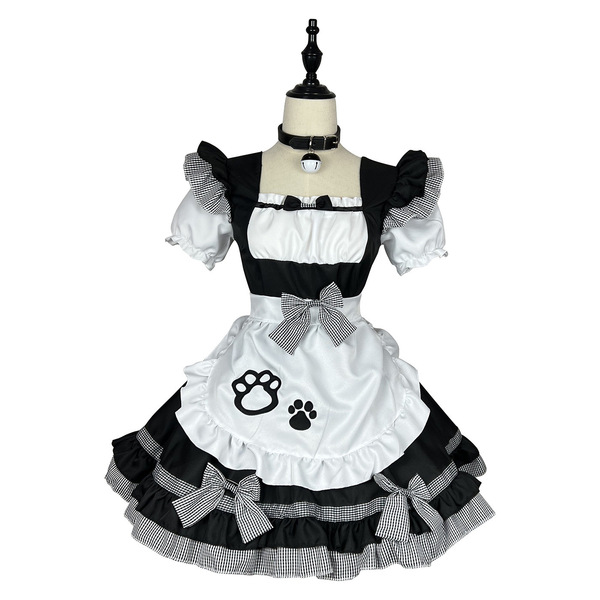 New cat girl maid costume - plus size japanese kawaii cosplay outfit, classic black & white maid dress with paw prints and ru...
