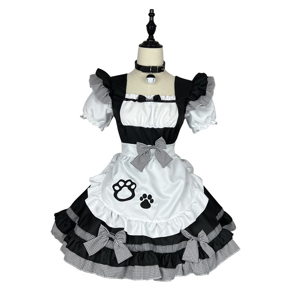 New cat girl maid costume - plus size japanese kawaii cosplay outfit, classic black & white maid dress with paw prints and ru...