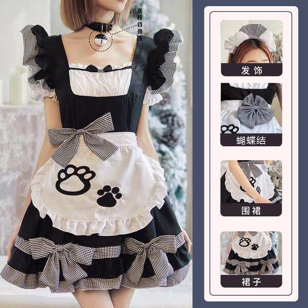 Black and White Cat Girl Cosplay Costume - Sexy Maid Outfit, Bunny Girl & Lolita Dress for Women - Catgirl black dress + apron + headdress + 3 bows + bell necklace