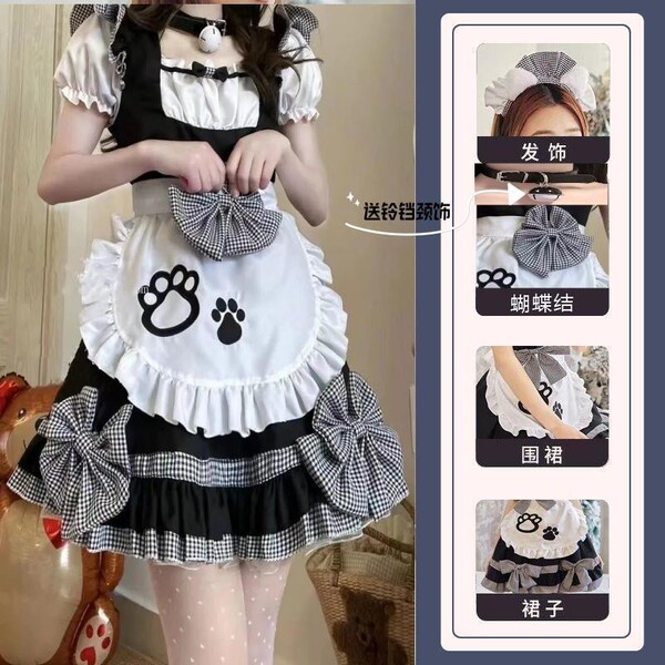 Japanese Maid Costume Dress - Long Sleeve Cute Lolita Student Outfit, Sexy-Cute Cosplay Dress for Women - Catgirl black dress + apron + headdress + 3 bows + bell necklace