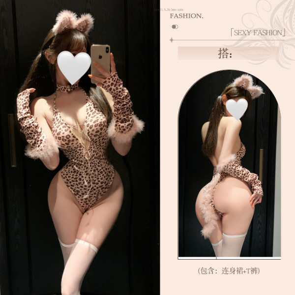 Seductive Leopard Print Lingerie Set – Pure & Tempting Sexy Women's Intimate Apparel, High-End Allure Collection - Catwoman [bodysuit + headdress + sleeves + neck warmer] + black open-crotch stockings