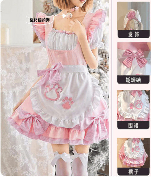 Black and White Cat Girl Cosplay Costume - Sexy Maid Outfit, Bunny Girl & Lolita Dress for Women - Catgirl pink dress + apron + headdress + 3 bows + bell necklace