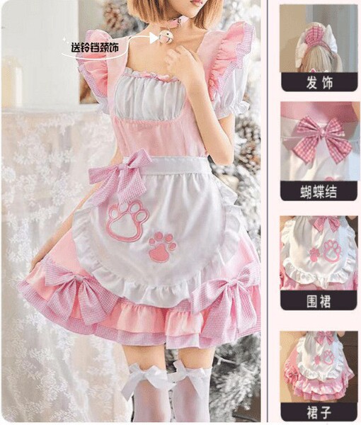 2026 Cute Sweet Lolita Dress for Women – Elegant Long Sleeve Party & Performance Dress - Catgirl pink dress + apron + headdress + bell necklace + 3 bows