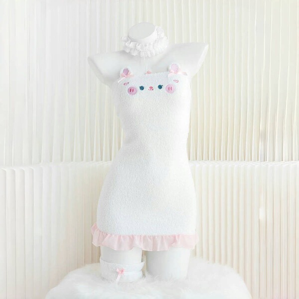 Plus Size Sexy Sleepwear Set - Plush Bodycon Wrap Skirt & Matching Top, Hot & Cute Lounge Dress for Fall/Winter - Catgirl dress in white [nightgown + bracelet + choker] + matching white ears