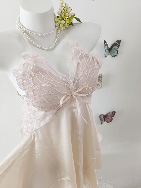 Women's Summer Ice Silk Sleep Dress with Bow & Backless Cutout - Sexy Lounge Set - champagne