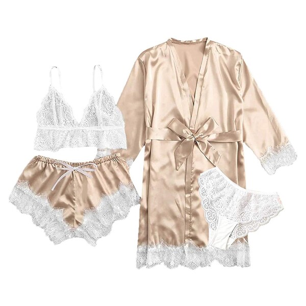 European Women's Lace Sleepwear Set - Sexy Matching 4-Piece Pajama Set for Plus Size & Curvy Women - champagne