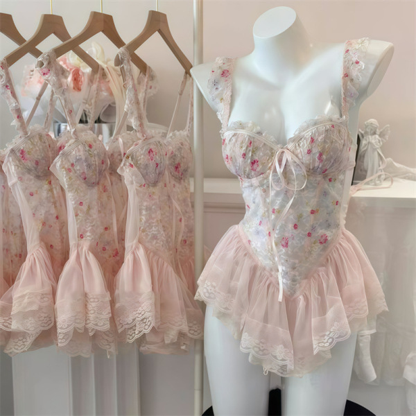 Women's Sexy Lace Bra Set - Push-Up Floral Corset Top with Padded Cups & Waist-Cinching Design - Champagne floral print [camisole vest + thong pants]