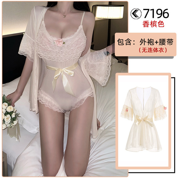 Huanqing Sheer Lace Sexy Bodysuit for Women - Transparent Erotic Open-Crotch Mesh Outfit with Hidden Snap Closure - Champagne-colored [outer robe + belt]